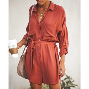 Vici Orange Dolman Sleeve Button Front Tie Waist Shirt Dress Medium